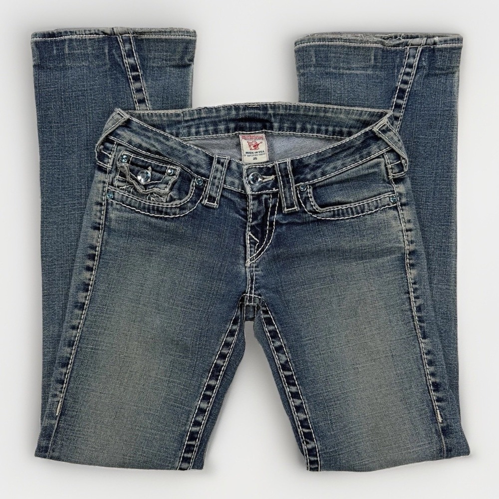 True Religion Big Joey T Flare Jeans Women's 25x28.5 Rhinestone Y2K Boho Western